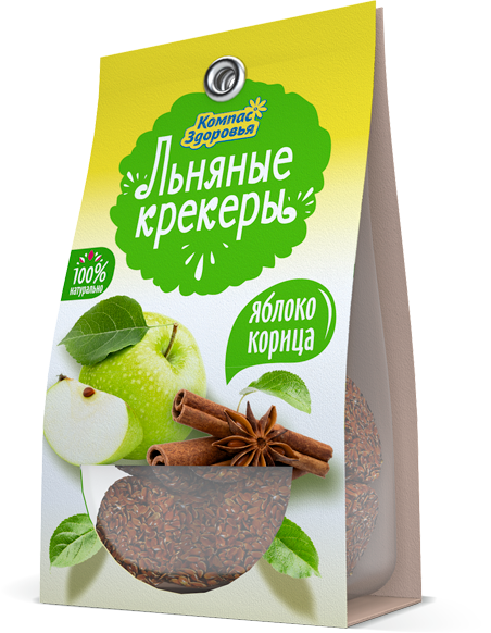 Крекеры льняные с яблоком и корицей, Компас Здоровья, 50г Крекеры льняные с яблоком и корицей, Компас Здоровья, 50г