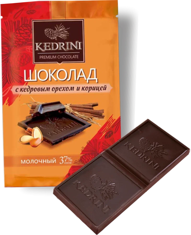 Шоколад молочный с кедровым орехом и корицей, Kedrini, 23г Шоколад молочный с кедровым орехом и корицей, Kedrini, 23г