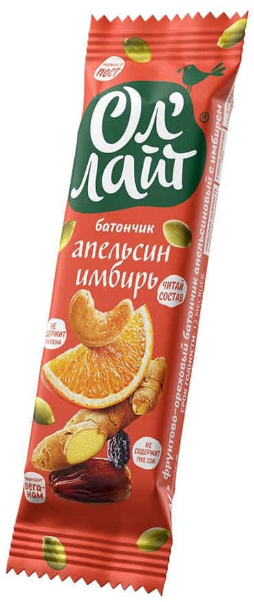 Батончик фруктово-ореховый Апельсин и Имбирь, ОлЛайт, 30г Батончик фруктово-ореховый Апельсин и Имбирь, ОлЛайт, 30г