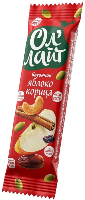 Батончик фруктово-ореховый Яблоко и Корица, ОлЛайт, 30г Батончик фруктово-ореховый Яблоко и Корица, ОлЛайт, 30г