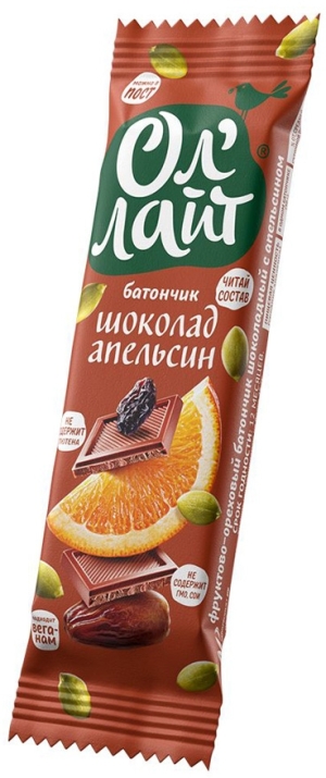 Батончик фруктово-ореховый Апельсин и Шоколад, ОлЛайт, 30г Батончик фруктово-ореховый Апельсин и Шоколад, ОлЛайт, 30г