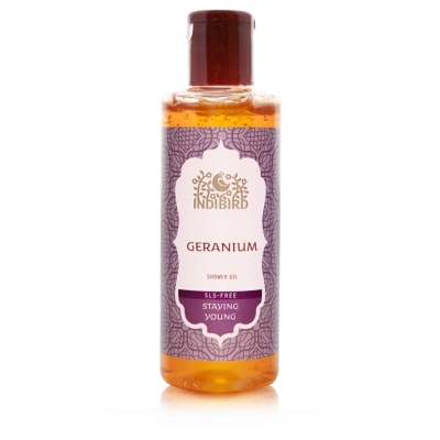 -20% Герань, гель для душа, без сульфатов (Geranium Shower Gel SLS-free), Indibird, 200мл. (срок 30/01/2025)